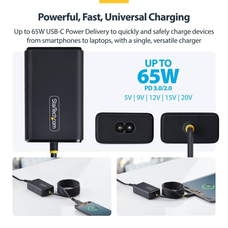 Startech 65w USB-c laptop charger with 1.5m tethered USB-c cable pd 3.0 eu plug black-null