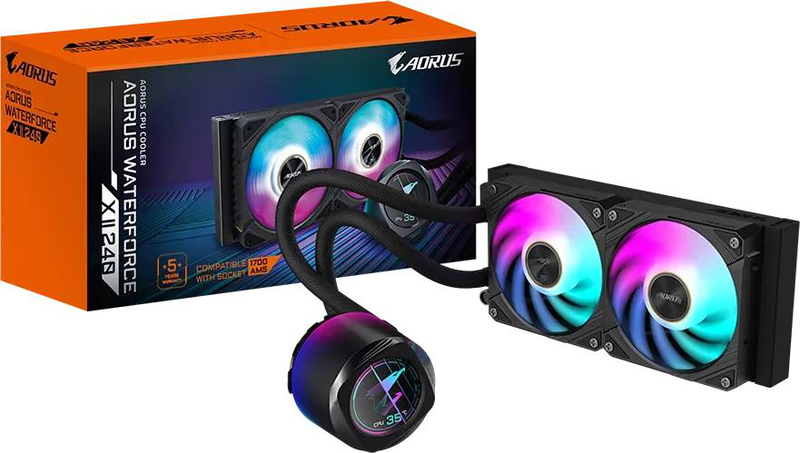 Gigabyte aorus waterforce x II 240 aio liquid CPU cooler 240mm 2x120mm argb fans 60mm lcd intel AMD black-null