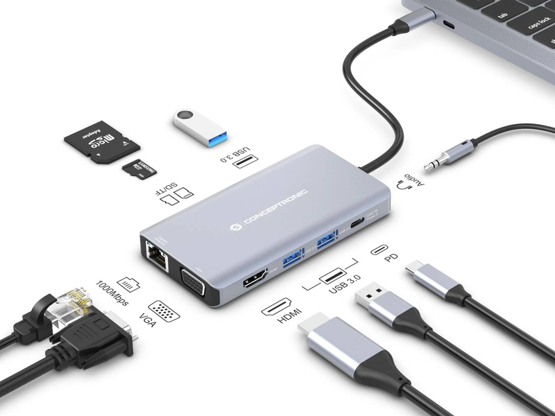 Conceptronic donn20g 10-in-1 USB-c docking station 4k HDMI vga gigabit ethernet 100w pd 3x USB 3.0 sd microsd audio-null