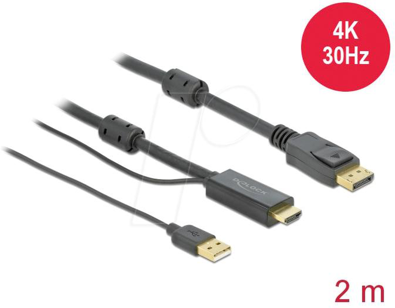 Delock - video / audio cable - HDMI, USB (power only) male to displayport male - 2 m - triple shielded - black - 4k support-null
