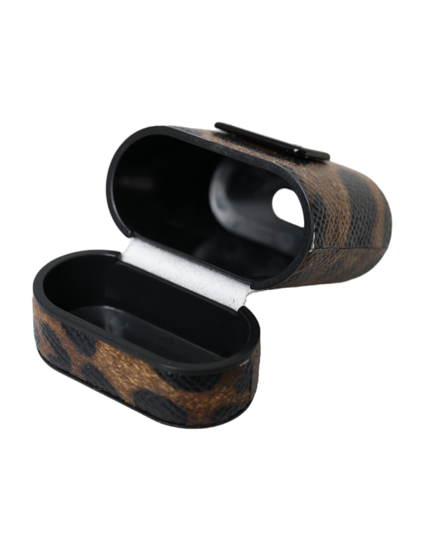 Brown leopard calf leather metal logo plaque AirPods case-null