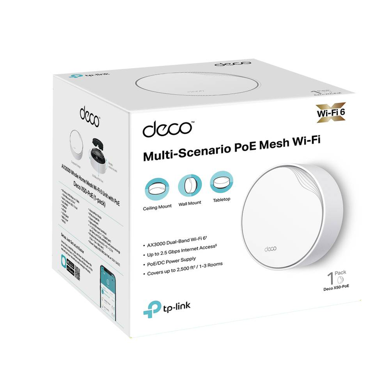 Tp-link deco x50-poe ax3000 Wi-Fi 6 mesh unit 1-pack poe-powered 2.5G port ceiling wall mount white-null
