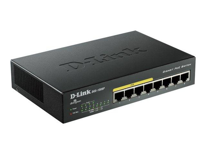 D-link dgs-1008p 8-port gigabit unmanaged desktop switch with 4-port poe plug and play black-null