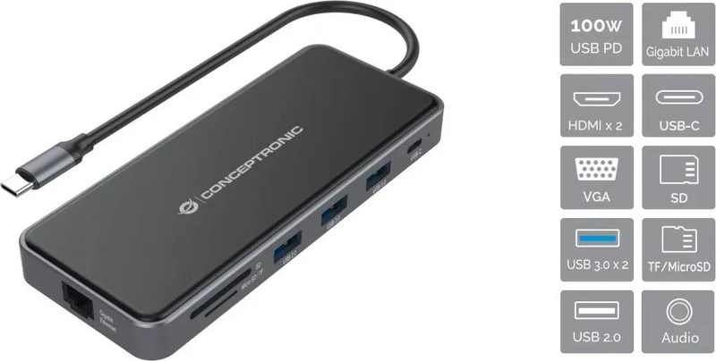 Conceptronic donn15G USB-c 12-in-1 mst docking station 2x HDMI vga 4k gigabit lan 100w pd sd microsd audio-null