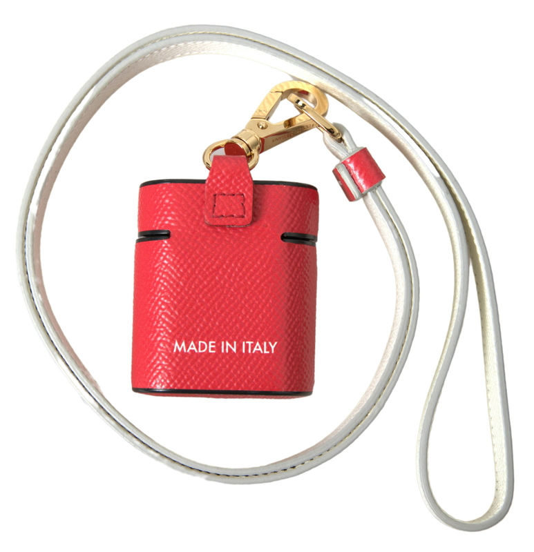 Red leather gold tone metal logo print strap AirPods case-null