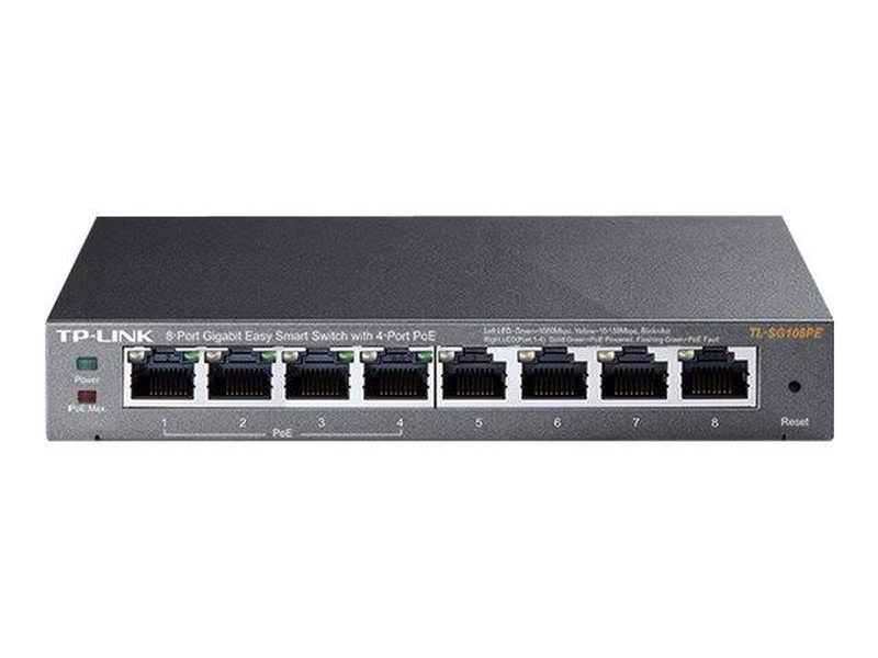 Tp-link tl-sg108pe 8-port gigabit easy smart switch with 4-port poe+ 64w vlan qos metal-null