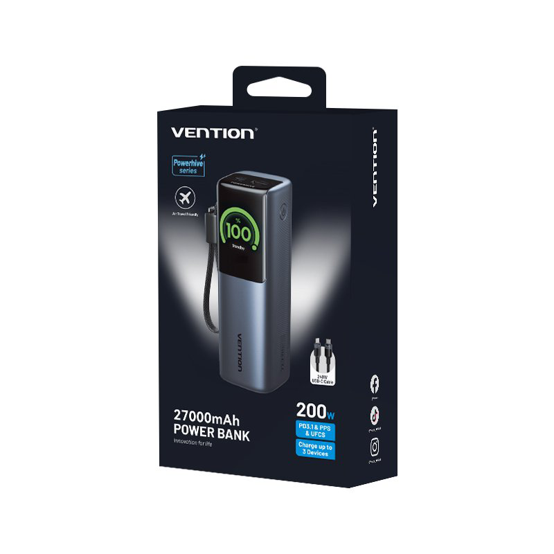 Vention powerbank 27000mAh 200w 3xUSBc+USBa tft display +240w cable fkgh0, , medium-null