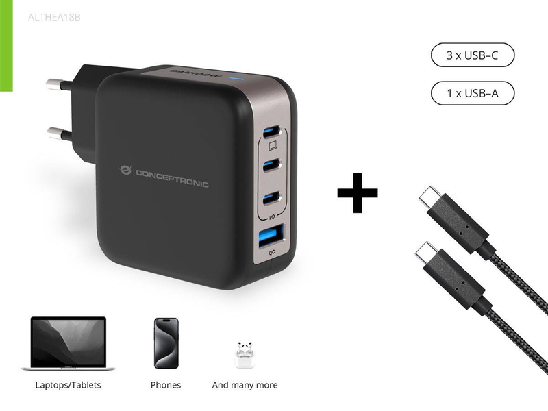 Conceptronic althea 100w gan USB-c charger althea18b 4-port 3x USB-c 1x USB-a pd 3.0 pps qc 3.0 black-null