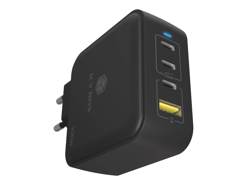 Icy box ib-ps1040-pd 100w gan USB-c charger 3x USB-c plus USB-a 4-port pd 3.0 qc 3.0 black-null