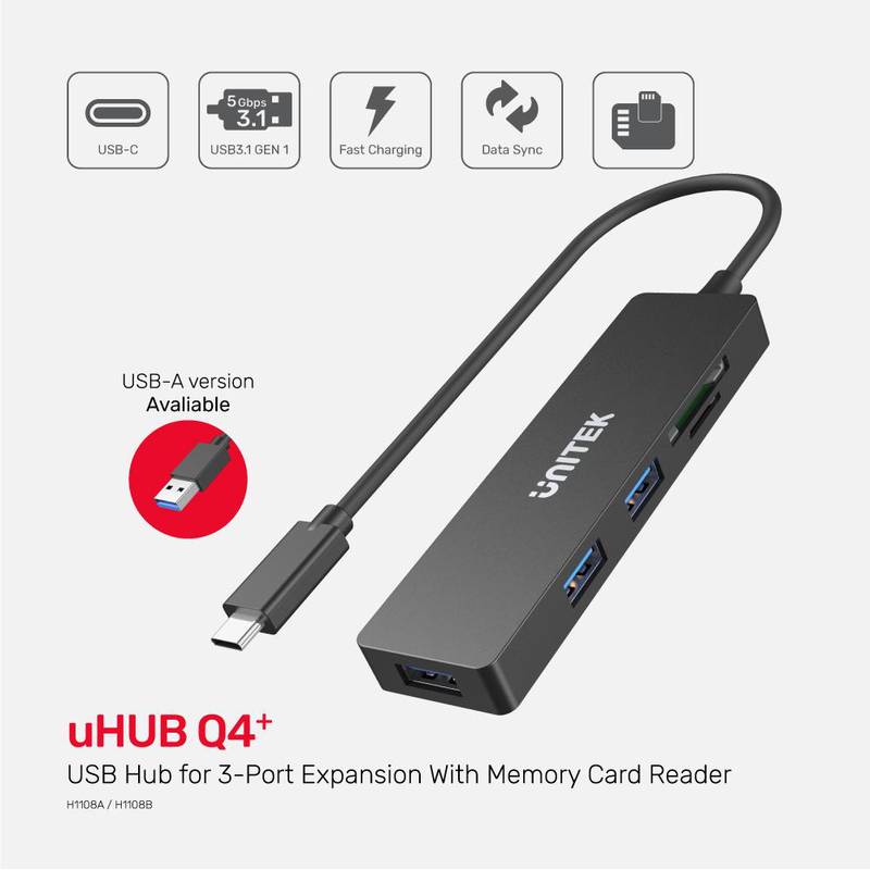 Product image: Unitek h1108a USB3.1 hub 3port USB3.1 & card reader, , medium-null