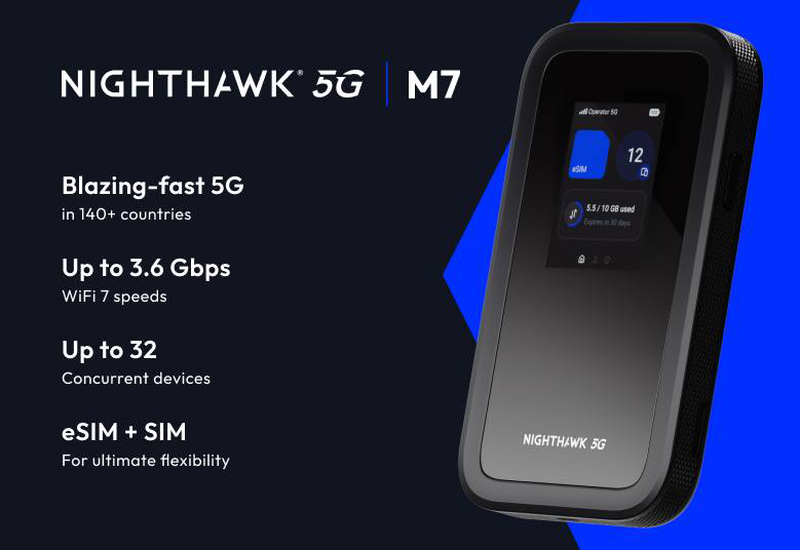Netgear nighthawk m7 mh7150 5G Wi-Fi 7 mobile hotspot router esim 4GBps 2.4in touch 3850mAh 32 devices black-null