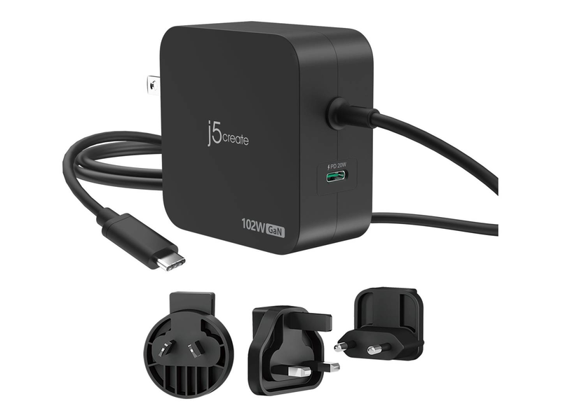 J5create jup25102v 102w gan pd USB-c 2-port charger tethered cable changeable ac plugs black jup25102v-n-null