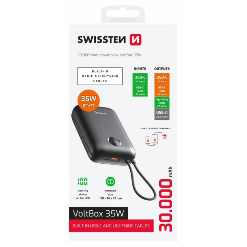 Swissten voltbox power bank 35w 30000mAh &mu;&epsilon; &epsilon;&nu;&sigma;&omega;&mu;&alpha;&tau;&omega;&mu;έ&nu;&alpha; &kappa;&alpha;&lambda;ώ&delta;&iota;&alpha; USB-c & lightning 22013938, , medium-null