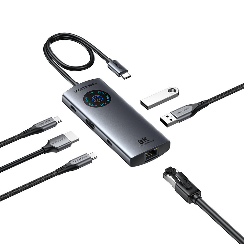 Vention hub USB-c 3.2 Gen1/8k-hdmi/gb/pd + led display & switch tqzhb, , medium-null