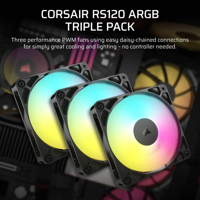 Corsair rs120 argb 120mm pwm fan triple pack black (co-9050181-ww)-null