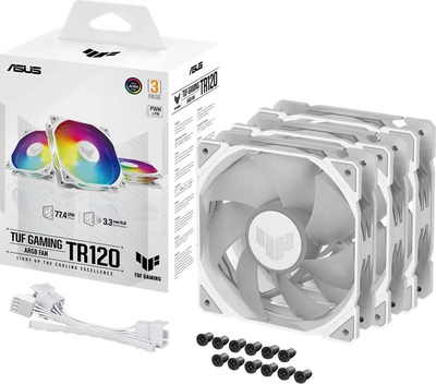 Asus tuf gaming tr120 argb white 120mm pwm case fan 3-pack 2000 rpm 16 addressable leds aura sync double-layer, White, medium