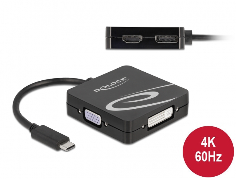 Single link - 24 pin USB-c male to 15 pin d-sub (db-15), dvi-i, HDMI, displayport female - 10 cm - black - 4k60hz (3840 x 2160) support (dp), 1080p support 60hz (vga), 1200p support 60hz (dvi)-null