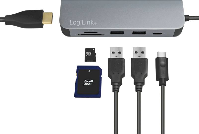 Logilink ua0343 USB-c 6-in-1 docking station HDMI 4k 2x USB 3.0 sd microsd 60w pd-null