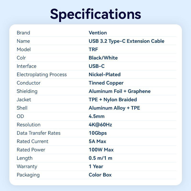 Vention it cable USB-c 3.2 Gen2 m-f 1.0m braided aluminum black trfbf, , medium-null