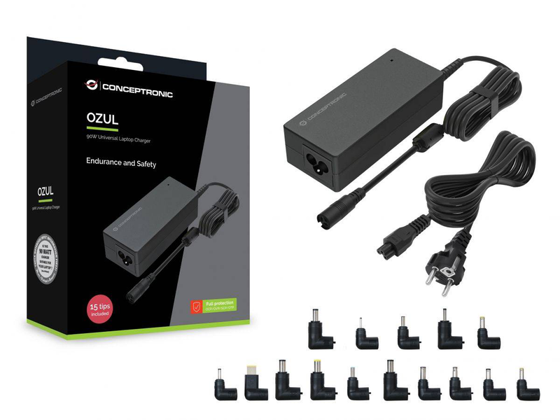 Conceptronic ozul08b15 90w universal laptop charger with 15 interchangeable charging tips black-null