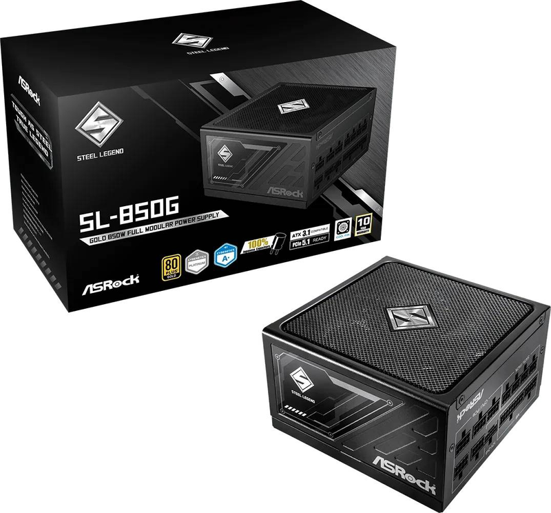 Asrock steel legend sl-850g 850w atx 3.1 fully modular power supply 80 plus gold cybenetics platinum 12v-2x6 black-null