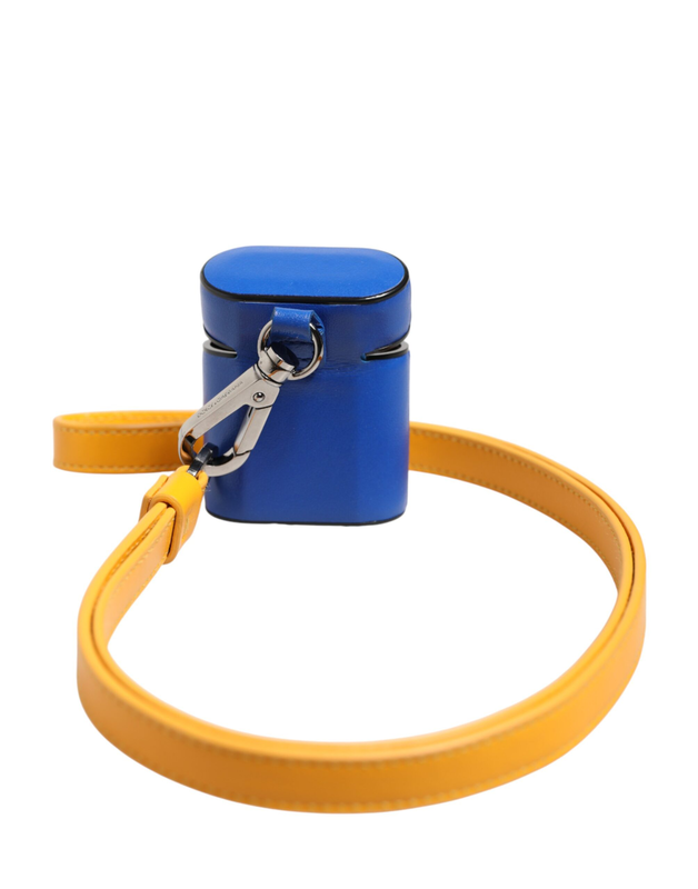 Blue yellow calfskin leather logo strap men AirPods case-null