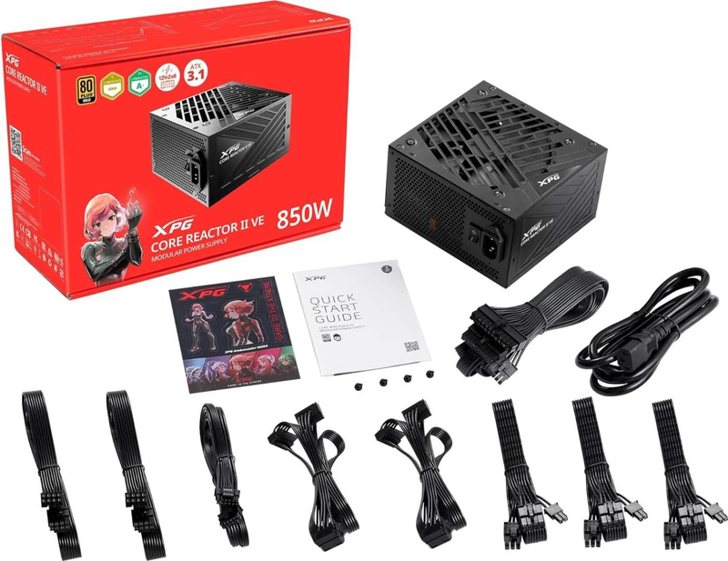 Xpg core reactor II ve 850w atx 3.1 psu 80+ gold cybenetics fully modular pcie 5.0 12v-2x6 black-null