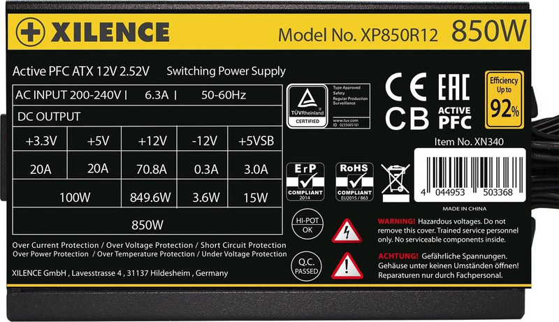 Xilence gaming gold xn340 xp850r12 850w atx power supply 80 plus gold non-modular 120mm fan black-null