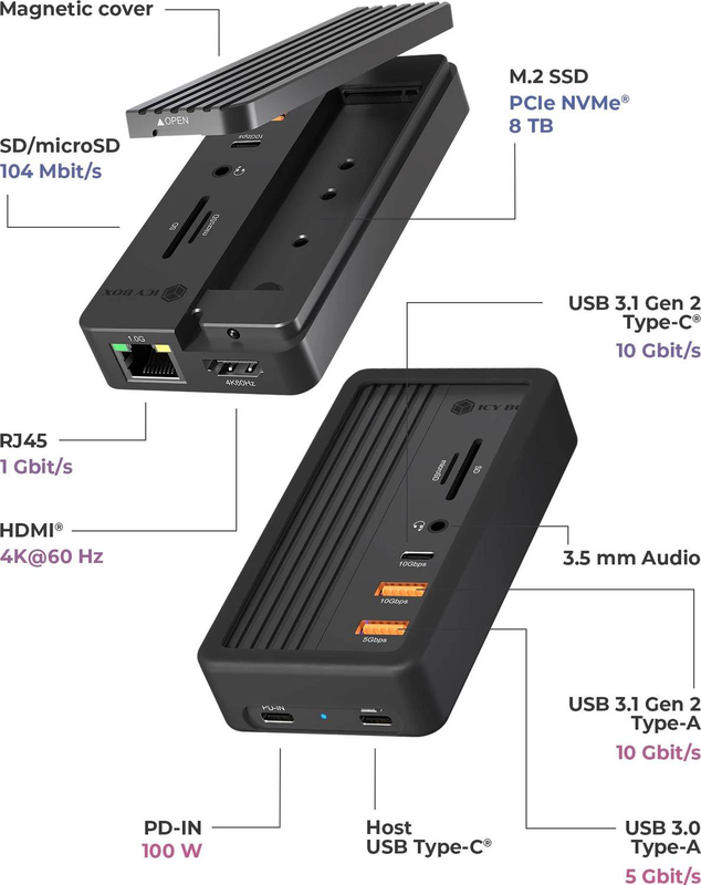 Icy box ib-dk4072m-cu31 USB-c 10-in-1 docking station m.2 nvme SSD bay HDMI 4k 60hz gigabit lan 100w pd black-null