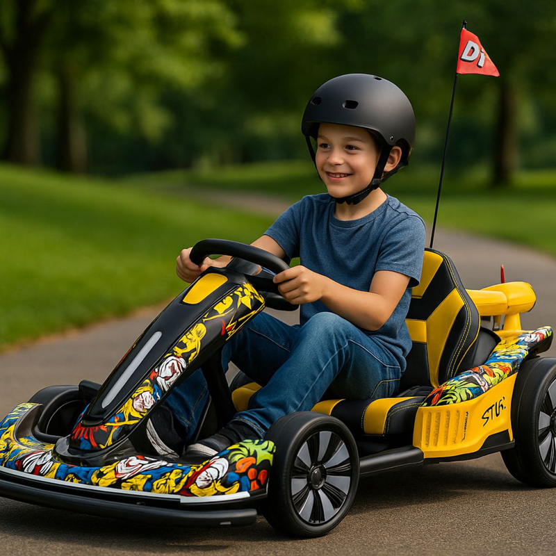 Go kart ηλεκτροκίνητο 24v με δερμάτινο κάθισμα, λειτουργία drift, φώτα led & ραδιόφωνο graffity, 6+ ετών, , medium-null