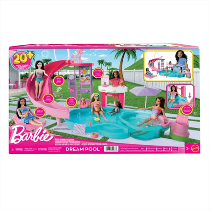 Barbie dream pool playset with slide and bubbling hot tub jfp01, , medium-null