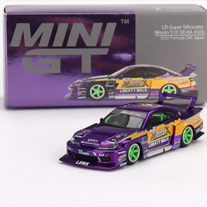 Product image: Mini gt 1/64 nissan silvia s15 lb-super silhouette #555 2022 formula drift japan, purple/green/orang, , medium-null