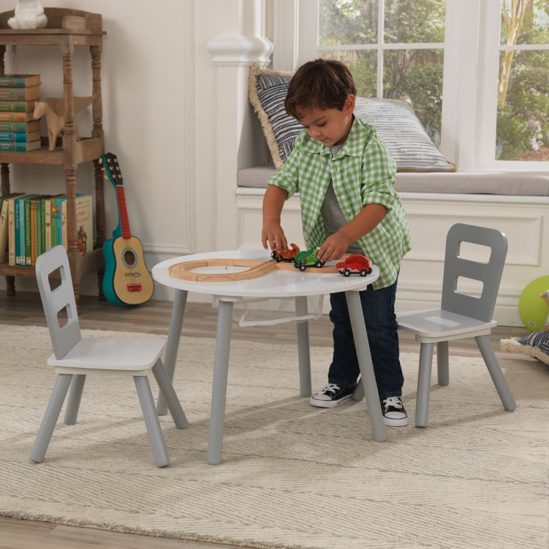 Kidkraft round storage table  2 chairs set - white/gray 26166, , medium-null