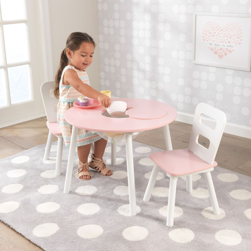Kidkraft round storage table  2 chairs set - white/pink 26165, , medium-null