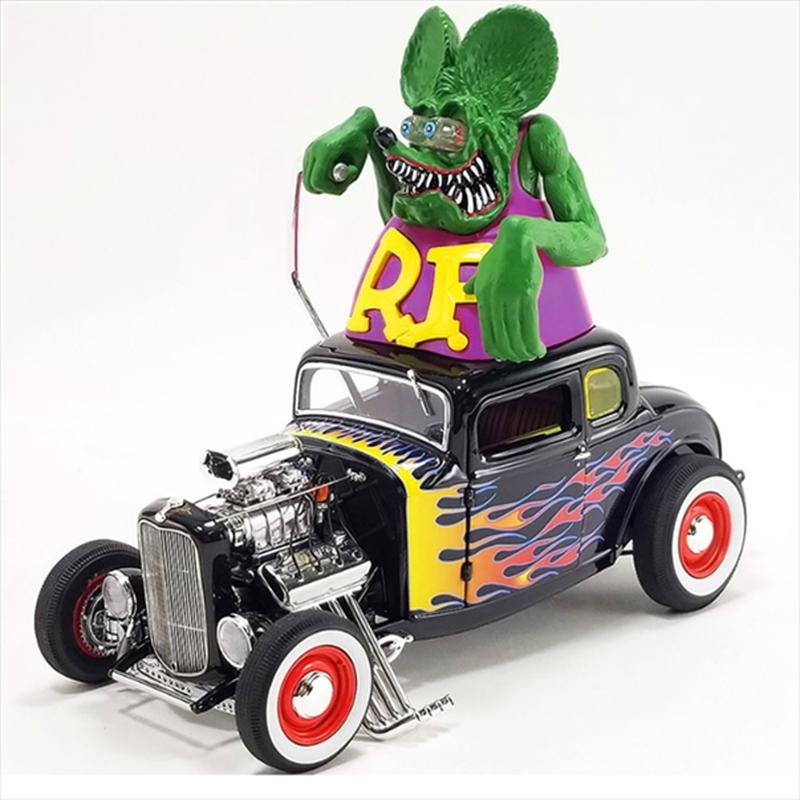 Acme diecast 1/18 1932 ford blown 5 window with rat fink figure, black with flames, , medium-null