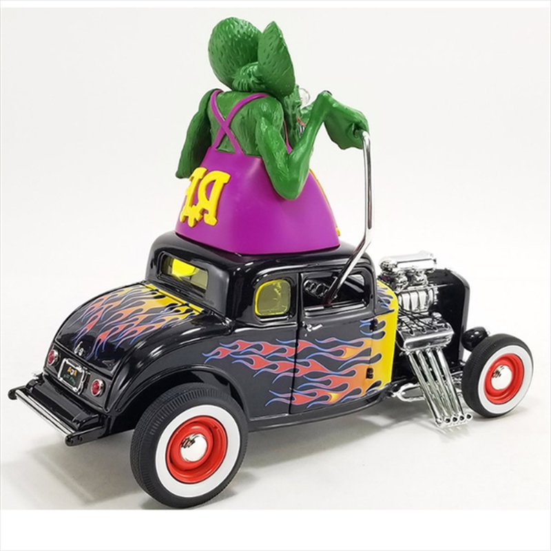 Acme diecast 1/18 1932 ford blown 5 window with rat fink figure, black with flames, , medium-null