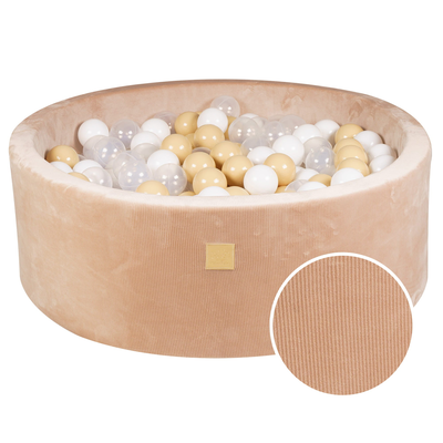 Meowbaby® baby foam round ball pit 90x30cm with 200 balls 7cm certified, velvet corduroy, sand: transparent, white, beige, , medium
