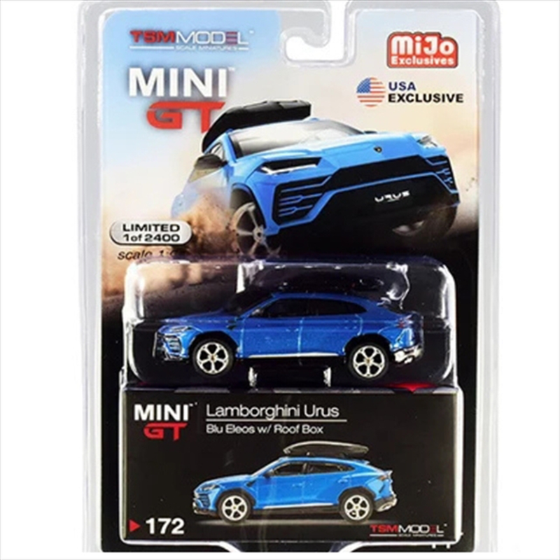 Mini gt 1/64 lamborghini urus, blue eleos with roof box, , medium-null