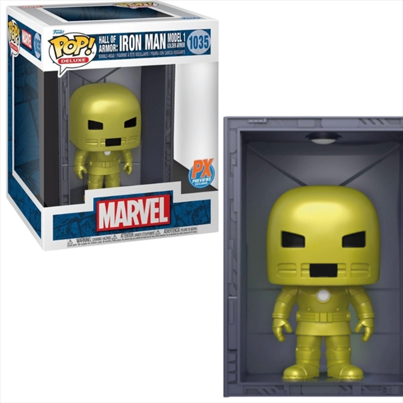 Funko pop! Deluxe: marvel hall of armor: iron man model 1 golden armor mettalic px previews exclusiv, , medium-null