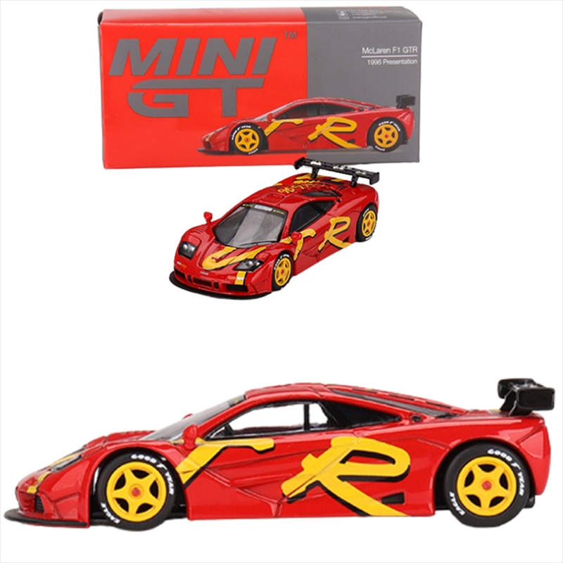 Mini gt 1/64 1996 mclaren f1 gtr presentation, red/yellow, , medium-null