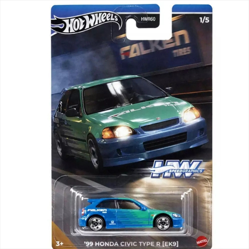 Mattel hot wheels: 1/64 - speed graphics - 1999 honda civic type r ek9 falken blue/green 1/5 hrt09, , medium-null