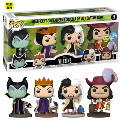 Funko pop! 4-pack disney: villains - maleficent/evil queen/cruella de vil/captain hook gows in the d