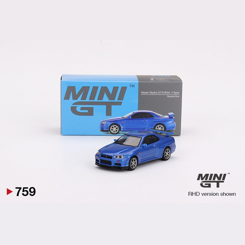 Minigt 1:64 nissan skyline gt-r (r34) v-spec bayside blue 1999 #759 – mgt00759-r die-cast model, , medium-null