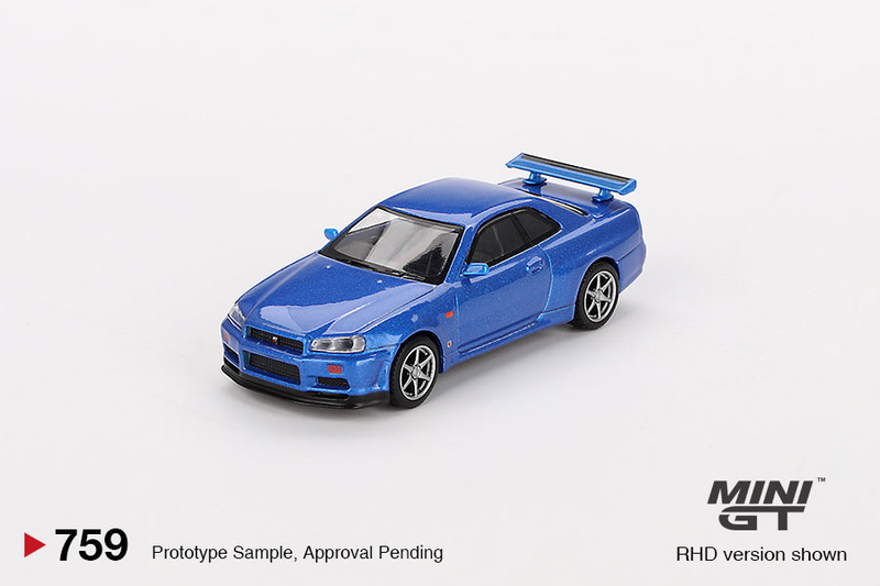 Minigt 1:64 nissan skyline gt-r (r34) v-spec bayside blue 1999 #759 – mgt00759-r die-cast model, , medium-null