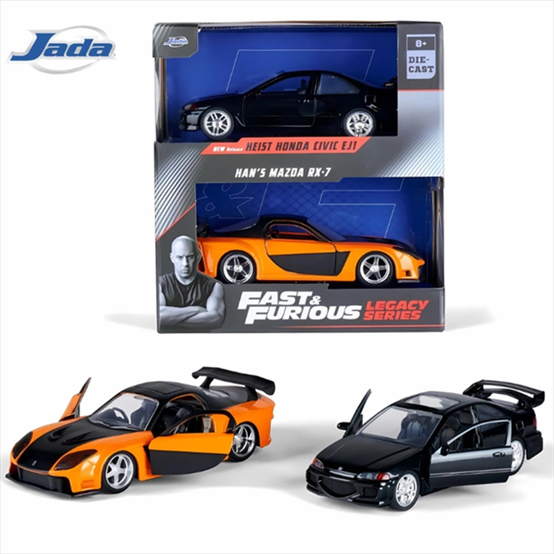Jada #34249 1/32 ff heist honda civic ej1/ hans mazda rx-7, twin pack, wave 1/1, black-black/orange, , medium-null