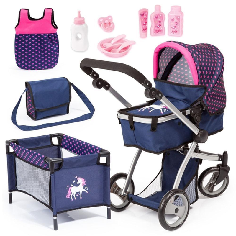 Bayer milano doll pram 6-in-1 mega set - dark blue with pink hearts, , medium-null
