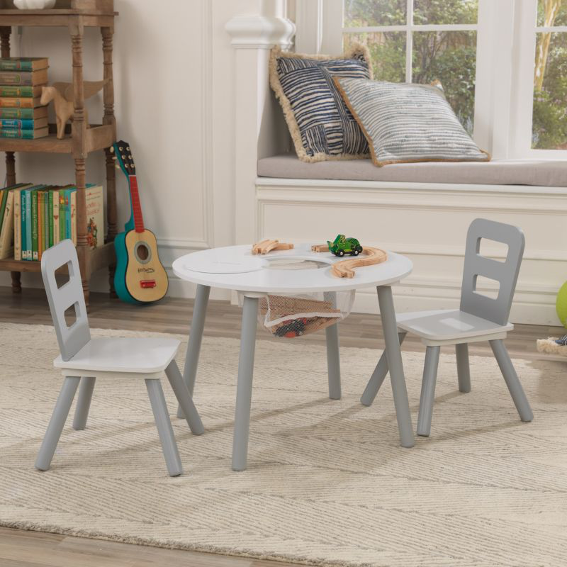 Kidkraft round storage table  2 chairs set - white/gray 26166, , medium-null