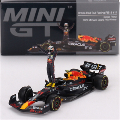Mini gt 1/64 2022 oracle red bull racing rb18 #11 sergio perez winner monaco grand prix, blue/yellow
