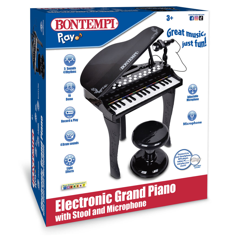 Bontempi 32-key electronic grand piano with microphone & stool, , medium-null