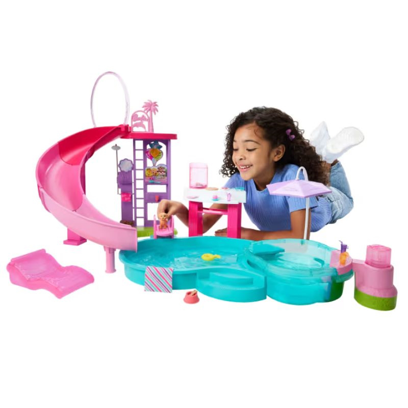 Barbie dream pool playset with slide and bubbling hot tub jfp01, , medium-null
